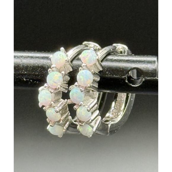 New Condition Dainty Sterling Silver Lab Opal Huggie Earrings 925 - Picture 1 of 8